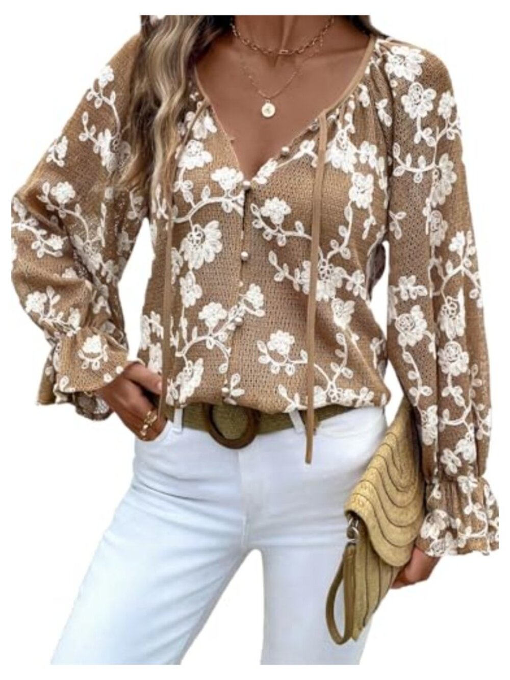 Women's Floral Button Down Blouse Tie Front Flounce Sleeve Sheer Top